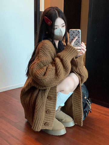 Sonicelife Lazy Wind Streetwear Cardigan Sweaters Women Oversize Long Sleeve Vintage Knitted Coat Fall Loose Korean Casual V Neck Tops