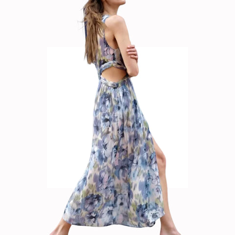 Sonicelife Women's Metallic Thread V-Neck Dress Waist Opening Hollow Design Fashionable and Sexy Midi Printed Long Skirt