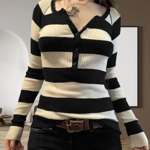 Sonicelife Striped Button Up Ribbed Knit Top