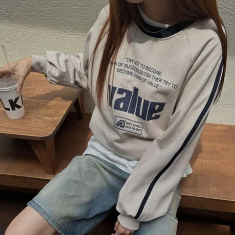 Sonicelife Vintage Letter Print Round Neck Sweatshirt