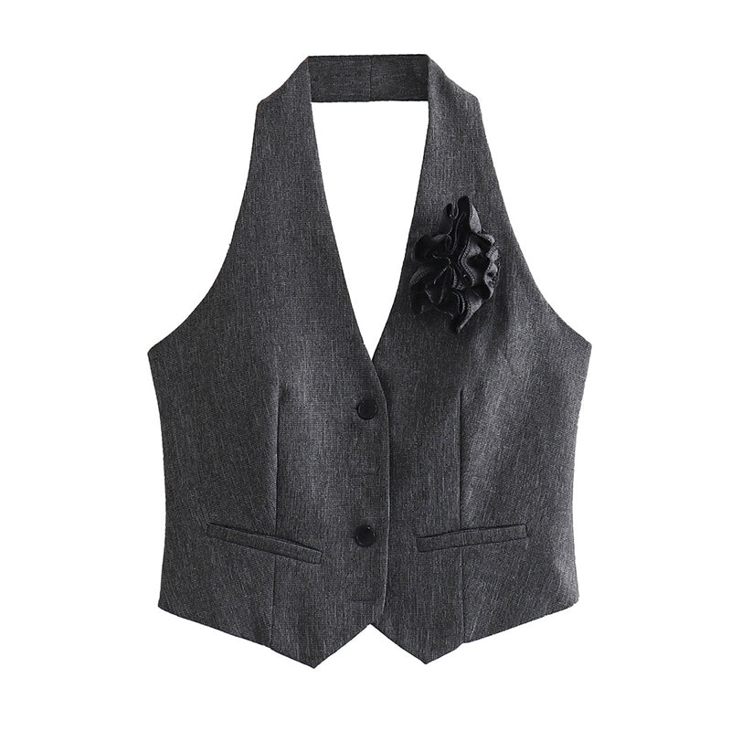 Sonicelife 3 Pieces Suits For Women Fashion Lapel Long Sleeves Coat Flower Decoration Halter Tank Tops Female Wide Leg Pants Lady Outfits