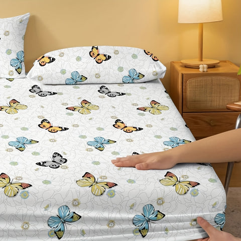 Sonicelife 3pcs Butterfly Print Fitted Sheet Set, Dustproof Non-slip Mattress Protector, Soft Comfortable Breathable Bedding Sheet Set