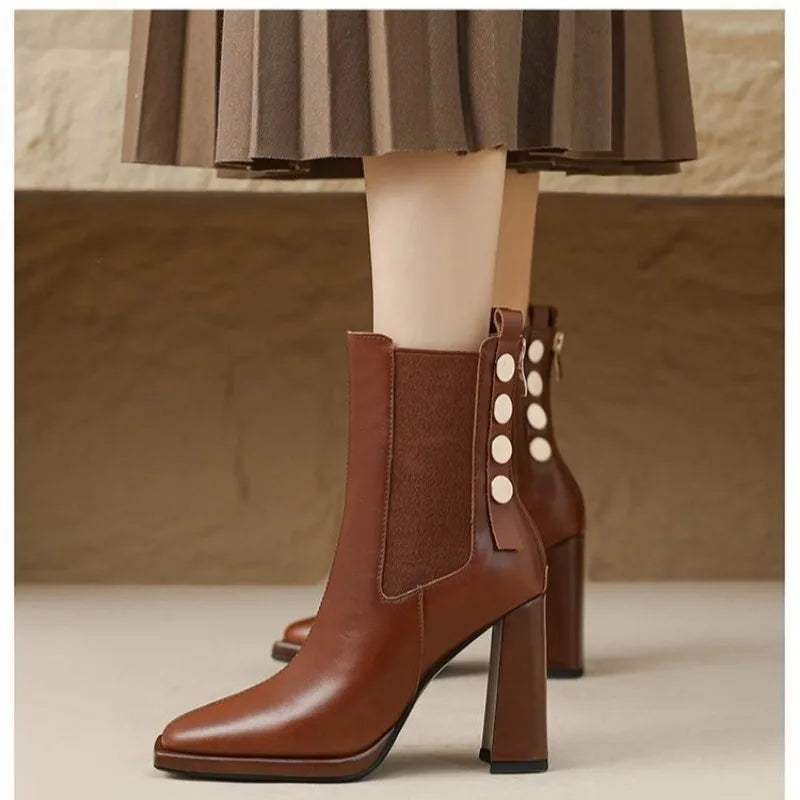 Sonicelife 2025  New Fashion Square High Heels Black Brown Retro Dress Party Female Lady Autumn Winter Ankle Bots