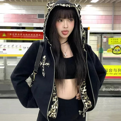 Sonicelife Leopard Print Hooded Sweatshirt American Retro Hot Girl Hoodies Streetwear Harajuku Gothic Y2K Womens Long Sleeve Zipper Hoodies