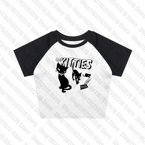 Sonicelife Y2K Grunge Cyber Goth Tee Vintage letter cat graphics Short Sleeve Crop Tops baby tees Kawaii Skater T-shirt Women Streetwear