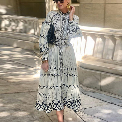 Sonicelife 3D Geometric Print Bohemian Dresses for Women Stand Striped Lantern Sleeve with Sashes Wave Cut Female Elegant Long Dress Autumn