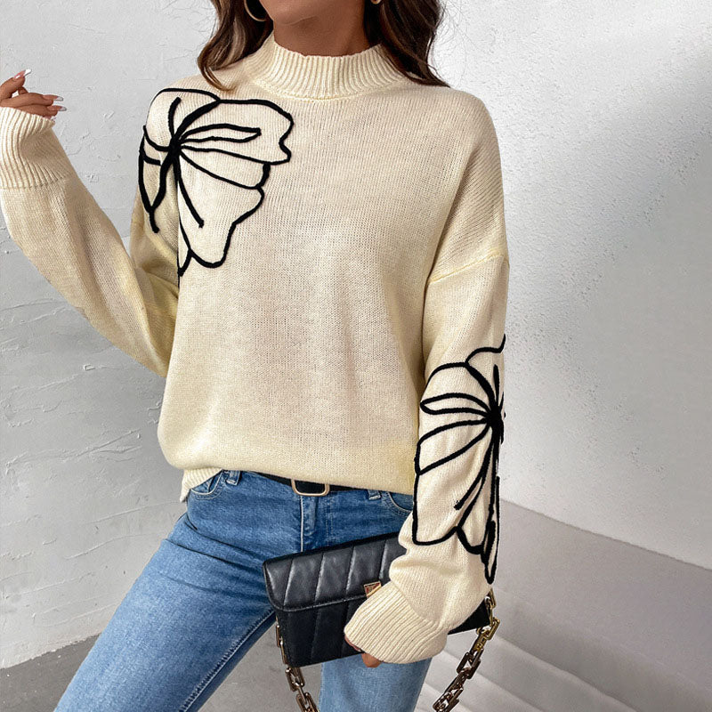 Black Friday Sonicelife Casual Knitted Turtleneck Sweaters Women Retro Loose Flower Printed Pullover Sweater Female Autumn Thin Chic Versatile Tops