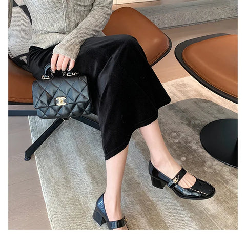 Sonicelife 2025 Fashionable Sheepskin Gold Buckle Round Toe Shallow Cut Flat  with Thick Heels,  Jane Shoes, Women's Singles Shoes