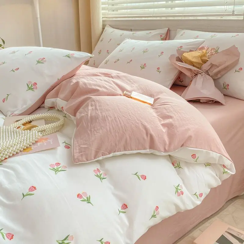 Sonicelife Romantic Tulip Pink Bedding Set Bed Flat Sheet Pillowcase Twin Full Queen Bed Linen Kids Girls Floral Duvet Cover No Filling