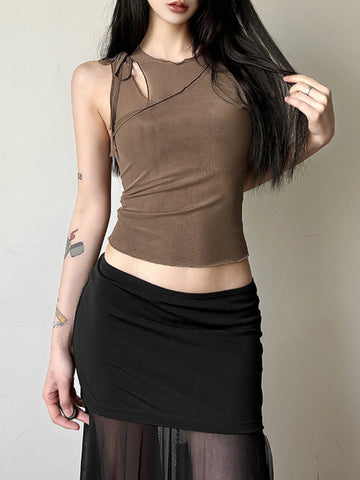 Sonicelife Dark Academia Gothic Sexy Mesh Vest Women Streetwear See Through Hollow Out Patchwork Crop Tank Top Y2k Emo Alt Outfits