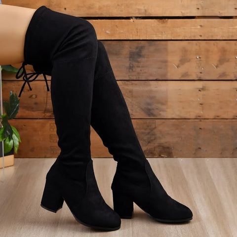 Sonicelife Women Boots Winter Black Over The Knee Boots 2025  New Comfort High Heels Shoes Fashion Warm Lace Up Long tube square heel Boots