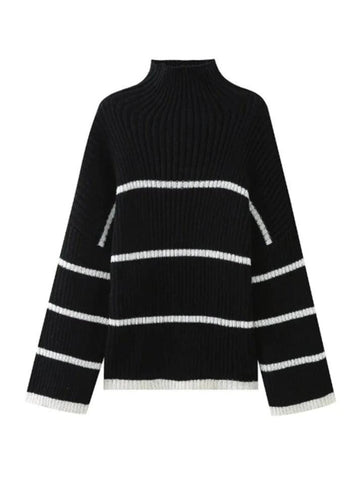 Sonicelife Striped High Neck Loose Sweater