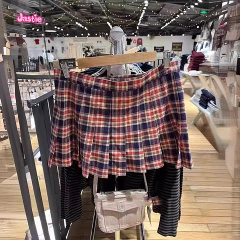 Sonicelife Orange Plaid Leather Buckle Skirt For Women High Waisted Pleated Short A-line Women's Skirts Fashion Street Style Clothes Y2k