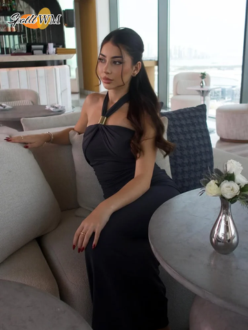 Sonicelife Elegant Sleeveless Backless Solid Color Midi Vestidos Woman Fashion Metal Ring Pleat Long Dresses New Summer Slim Fit Lady Robes