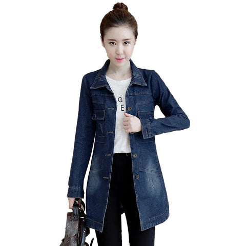 Sonicelife 2025 New Autumn Winter Korean Denim Jacket Women Slim Long Base Coat Women's Frayed Navy Blue Casual Female Jeans Jackets Coats