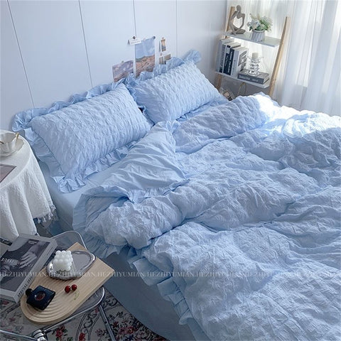 Sonicelife INS Girl Blue Bedding Sets Solid Color Seersucker Ruffles Lace  Kawaii Soft Sheet Woman Duvet Cover Pillow Covers Quilt Cover
