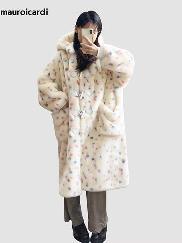 christmas outfit Sonicelife Winter Long Oversized Colorful Cute Sweet Faux Fur Coat Women with Hood Horn Buttons Fluffy Furry Overcoat 2025