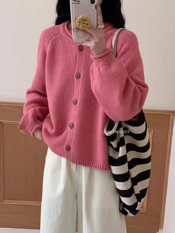 Sonicelife Women Vintage Sweet Cardigan Sweaters Japan Loose O Neck Single Breasted Knitted Coat Fall Casual Retro Female Solid Tops