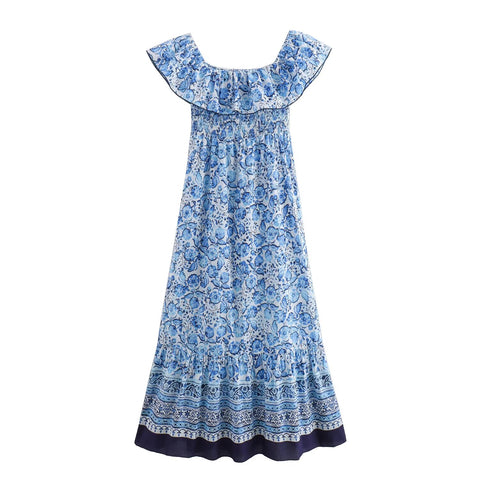 Sonicelife Women's One Line Neck Long Dress with Flower Print Off the Shoulder Slim and Sexy Style New