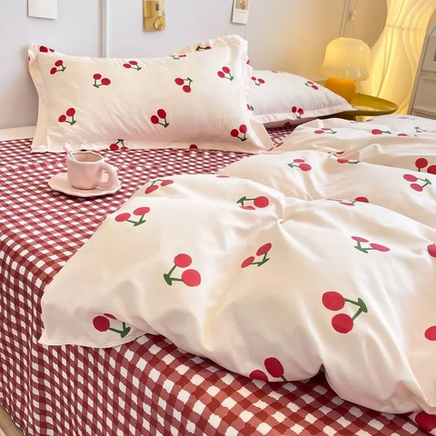 Sonicelife Ins Style Duvet Cover Set with Flat Sheet Pillowcases Cute Orange Cherry Crow Printed Single Double Queen Size Girls Bedding Kit