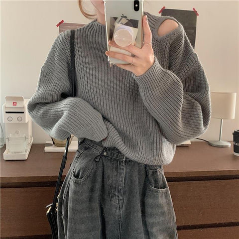 christmas outfit Sonicelife Korean lazy style off-shoulder sweater for women autumn and winter new sweater with small machine hollow design long-sleeved top