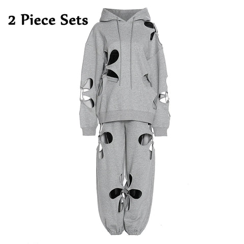 Sonicelife Fashion Women 2 Piece Tracksuits Petal Cutout Sweatsets Hoody Sweatshirts Drawstring Sweatpants Flower Hollow Out Two Piece Sets