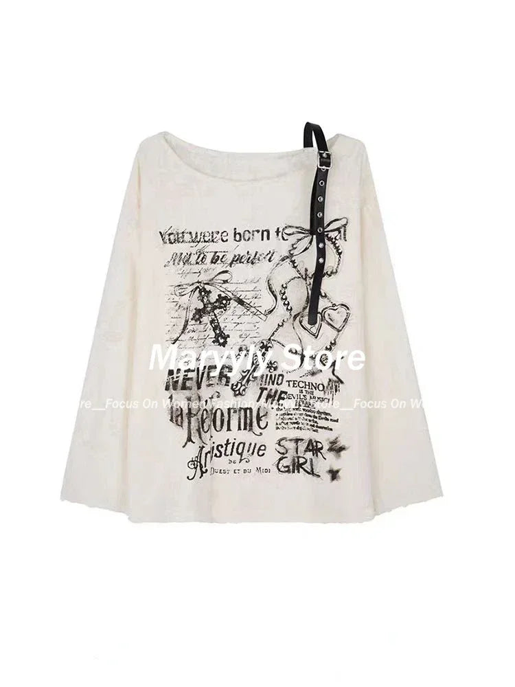 Sonicelife Y2k Gothic Grunge Dark Hollow Out T Shirt Women Harajuku Hollow Out Off Shoulder Sexy Tees Autumn Punk Letter Print Tops New