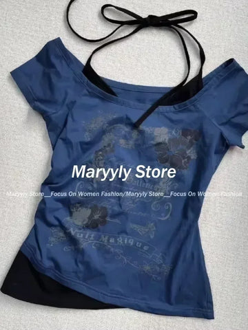 Sonicelife Summer Retro Fake Two-piece Printed T-shirt Women Y2K Streetwear Hot Girl Sexy Slim Off Shoulder Millennium Harajuku Casual Tops