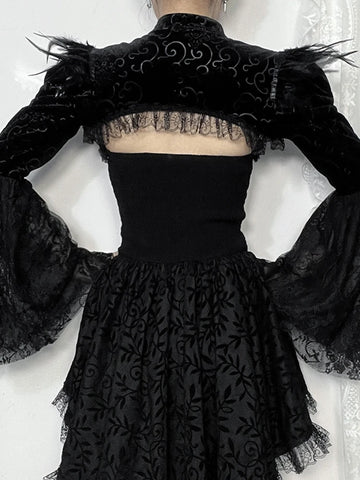 Sonicelife Palace Style Gothic Smock Women Vintage Streetwear Y2k Feather Lace Patchwork Flare Sleeve Crop Tee Tops Cosplay Clothes