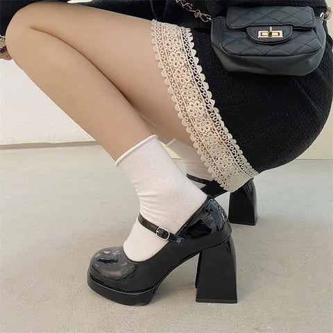 Sonicelife 2024Mary Jane Shoes Women Retro British Style Hepburn Black High Heel One Word Buckle Thick Heel Square Head Single Shoes Women