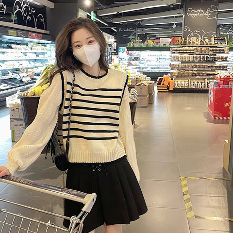 Black Friday Sonicelife Black White Striped Knitted Sweater Women Korean Fashion Lantern Sleeve Fall Winter Sweet Fake Two-Piece Pullover School Jumpers