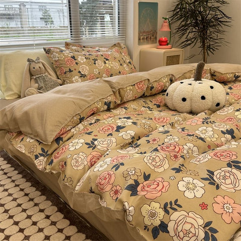 Sonicelife Pastoral Floral Rose Bedding Sets Flat Bed Sheet Duvet Cover Single Double Full Queen King Bedclothes Ins Pure Bedroom Linen