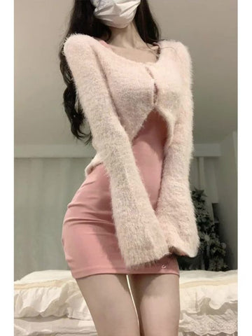 Sonicelife Autumn Sexy Strap Y2k Mini Dress Sets Women Pink Sweet Sweater Tops Elegant Bodycon Slim 2 Piece Skirt Dress Korean Fashion 2025