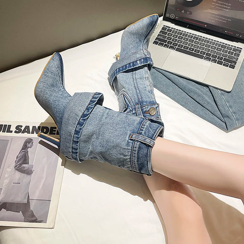 Sonicelife 2024 Women's Autumn/Winter Denim Fine High Heel Skirt Boots Fashion Pointed Large Women's Four Seasons Short Boots