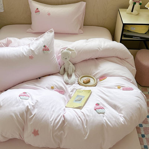 Sonicelife Ins Cartoon Cute Towel Embroidery Washed Cotton Four-Piece Set Quilt Cover Set Bed Sheet Three-Piece Set Bedding Set
