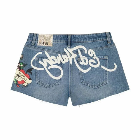 Sonicelife Womens Retro Blue Denim Short Skirt Punk High Waist Street Graffiti Print Harajuku Goth Hip Hop Letters Fashion Slim Mini Skirts