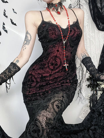 Sonicelife Vintage Dark Gothic Dress Women Sexy Streetwear Elegant Aesthetic Y2k Emo Spaghetti Strap Cross Flocking Dress Clubwear