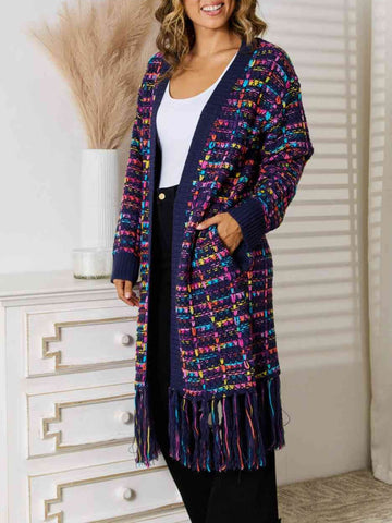 Sonicelife-Boho Multicolor Fringe Hem Longline Cardigan