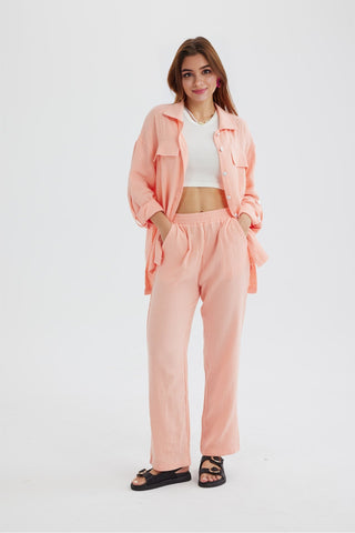 Sonicelife-Long Sleeve Pocketed Slit Shirt Long Pants Suits