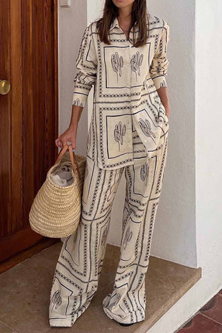 Sonicelife-Printed Long Sleeve Long Pant Two Piece Set