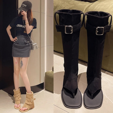 Sonicelife Square Toe Clip Low Heel Fabric High Tube Cool Boots 2025  New Splicing Sleeve Belt Buckle Low Heel Mid Tube Summer Women's Boots