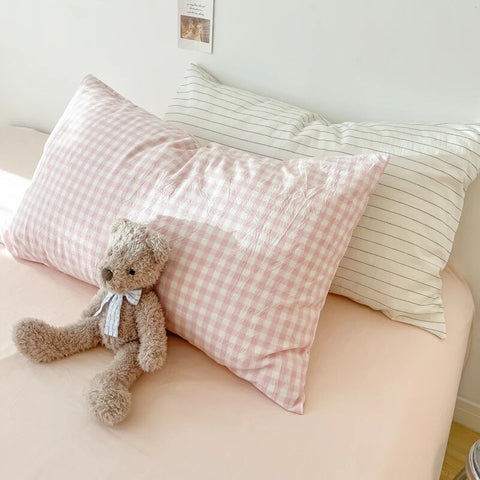 Sonicelife 2024 New Bedding Set Ins Nordic Style Pink Grid Washed Cotton 4 pcs Bed Sheet Set For Girls Duvet Cover and Pillowcase