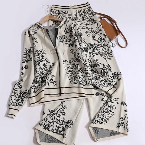 Sonicelife Jacquard Knit Long Sleeved Zipper Hooded Cardigan And Elastic High Waist Wide Leg Pants Printed Street 2 Piece Set Women Outfit