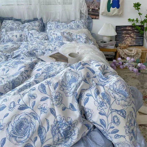 Sonicelife Blue Floral Duvet Cover Set with Pillowcase Bed Sheet No Filler 2024 New Single Double Queen Size Bedding Linens Fashion