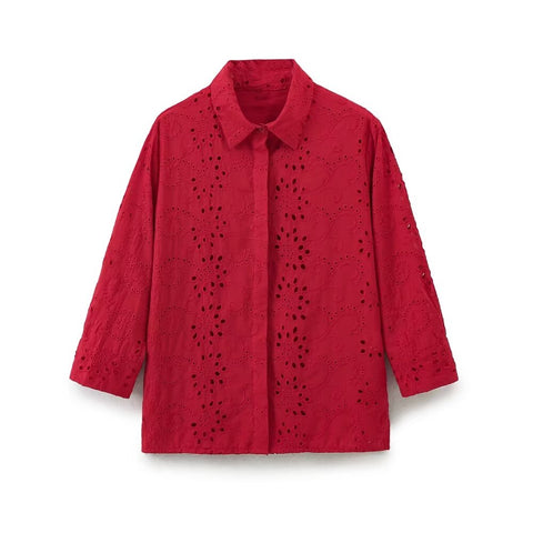 Sonicelife Women's Long Sleeved Shirt Solid Color Hollow Embroidery for Commuting Sweet and Versatile New