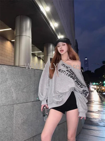 Sonicelife Woman American Vinrage Grey Street Sweatshirt Y2k Letter Printing Long Sleeve Casual Warm Oversize Baggy Ladeies Tops Autumn