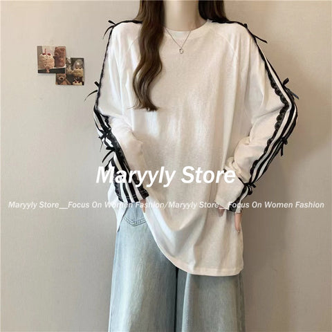 Sonicelife Sweet Loose Long Sleeve Patchwork Lace Tops Harajuku High Street Korean All Match Oversieze Women Clothing Y2k Aesthetic Tees