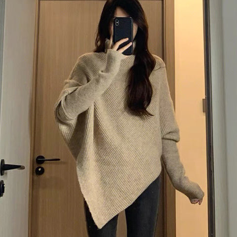 Black Friday Sonicelife Irregular Knit Pullover Women Fashion Lazy Loose Solid Elegant Turtleneck Sweater Chic Vertical Pit Strip Harajuku Y2K Jumpers