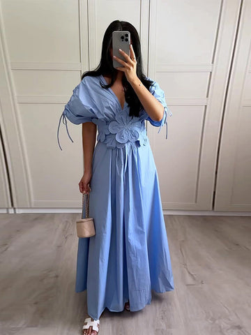 Sonicelife Elegant Pleated 3d Flower Long Dress Women Chic V-neck Short Sleeve High Waist Female Party Dresses 2024 Summer Lady Floral Robe