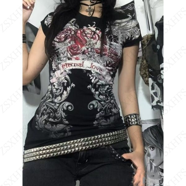 Sonicelife Punk Streetwear Women's T shirt Vintage Clothes 90s Slim Gothic Short sleeve Femme Graphic Tee Grunge Hip Hop Y2k Crop Top Emo